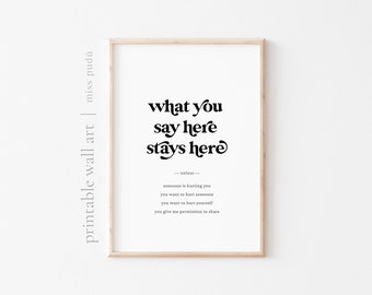 PRINTABLE What you say here stays here | safe space Quote Digital Download. Mental Health Decor Print. Positive kids Wall Art