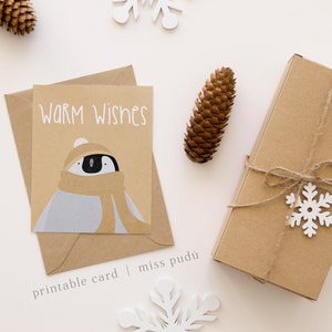 Tarjeta de felicitación de deseos cálidos de Navidad imprimible (sol amarillo) / Descarga digital de ilustración de pingüino de invierno. Tarjeta navideña para amigos