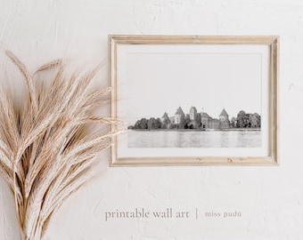 Trakai Island Castle Print Digital Download. Minimalist B&W Lake. Lithuanian Architecture Home Decor. Housewarming Building Printable Art