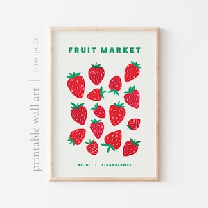 printable fruit market illustration (beige) | hand painted strawberry poster. fruit market Wall Art (Digital Download)