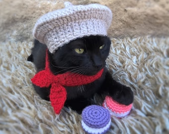 Cat French Beret Hat and Macaron toys, Pet Costume, Beret Hat and Scarf for Cat, Macaroon Toys for Pets, Costume for Cat, Cat Outfit