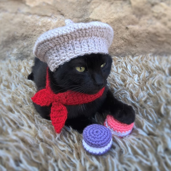 Cat French Beret Hat and Macaron toys, Pet Costume, Beret Hat and Scarf for Cat, Macaroon Toys for Pets, Costume for Cat, Cat Outfit