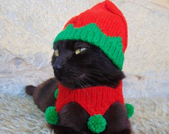 Elf Pet Costume, Christmas Costume for Cat, Elf Hat for Cats, Kitten Accessories, Kitty Outfit, Knitted Christmas Elf Pet Costume