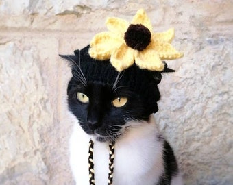 Sunflower Hat for Cat, Knitted Sunflower Pet Costume, Cat Outfit,Hatsbfor Cats Feline Accessory, Hat for Cat