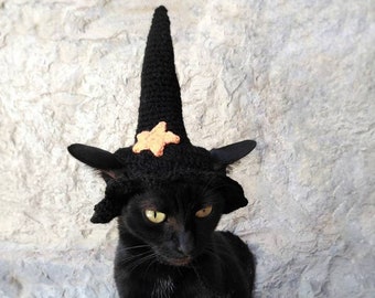 Black Witch Hat for Cat, Pet Costume, Cat Halloween Costume, Pet Halloween Witch Outfit, Gift for Pet Lover, Halloween Costume for Pets