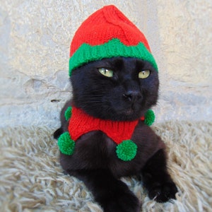 Elf Pet Costume, Christmas Costume for Cat, Elf Hat for Cats, Kitten Accessories, Kitty Outfit, Knitted Christmas Elf Pet Costume image 2