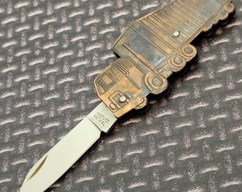 Taylor Cutlery Semi Truck Knife Made In Japan 1980s Brass Handle Spear Point Surgical Steel Blade 3" Closed