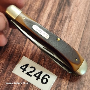 Schrade Old Timer 94OT Trapper Knife Made in USA Slip Joint Sawcut Delin Handles Carbon Steel Blades 3 7/8" Closed