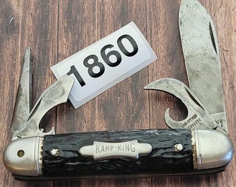 Imperial Knife Made In USA 1946-56 Kamp King Campers Multi Tool Black Jigged Metal Shell Handles Four Carbon Steel Blades Can Bottle Opener