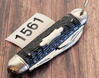 Imperial Knife Made In USA 1946-56 Kamp King Campers Multi Tool Black Jigged Metal Shell Handles Four Carbon Steel Blades Can Bottle Opener