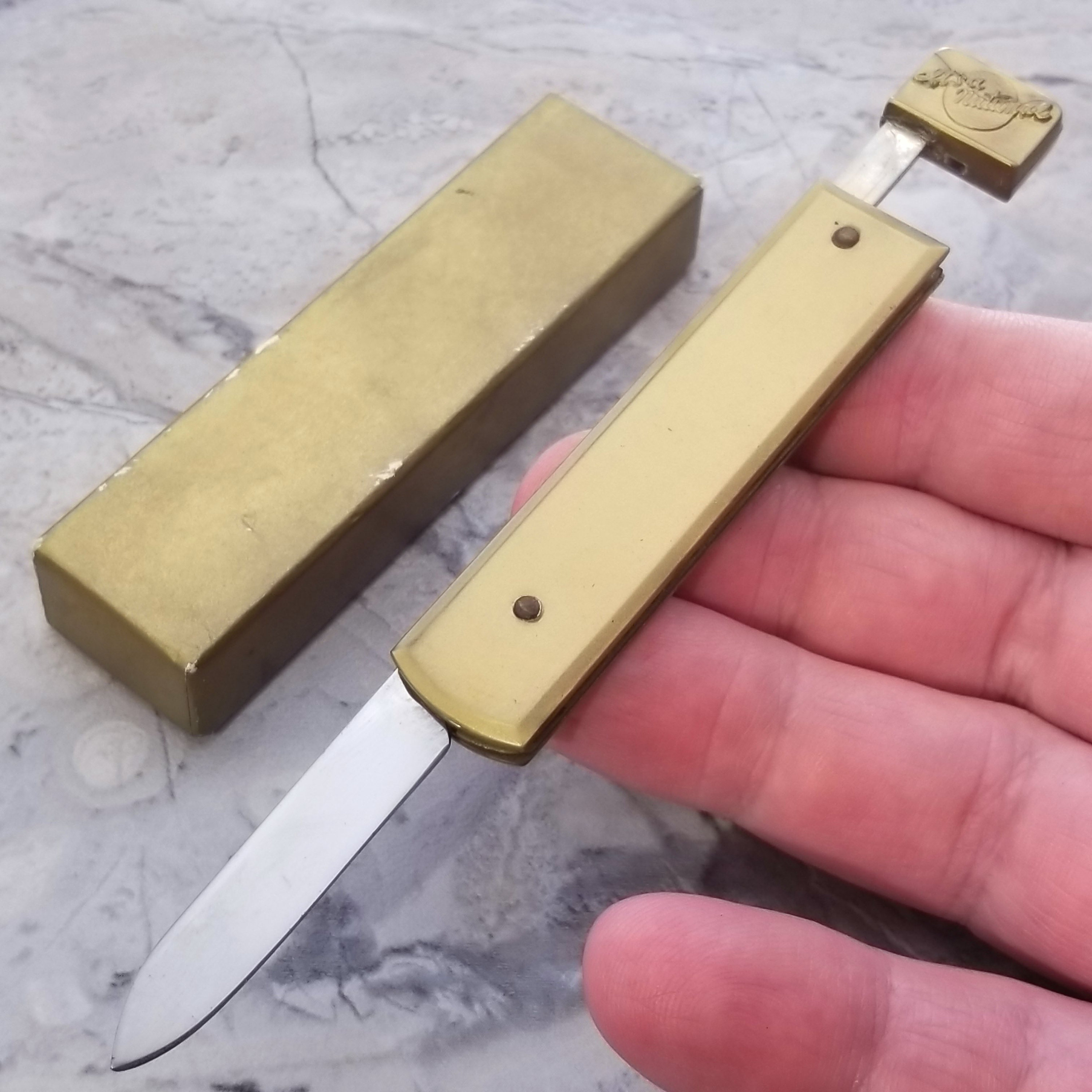Vintage It's A National Pull Tab Pocket Knife Gold Plastic Handle
