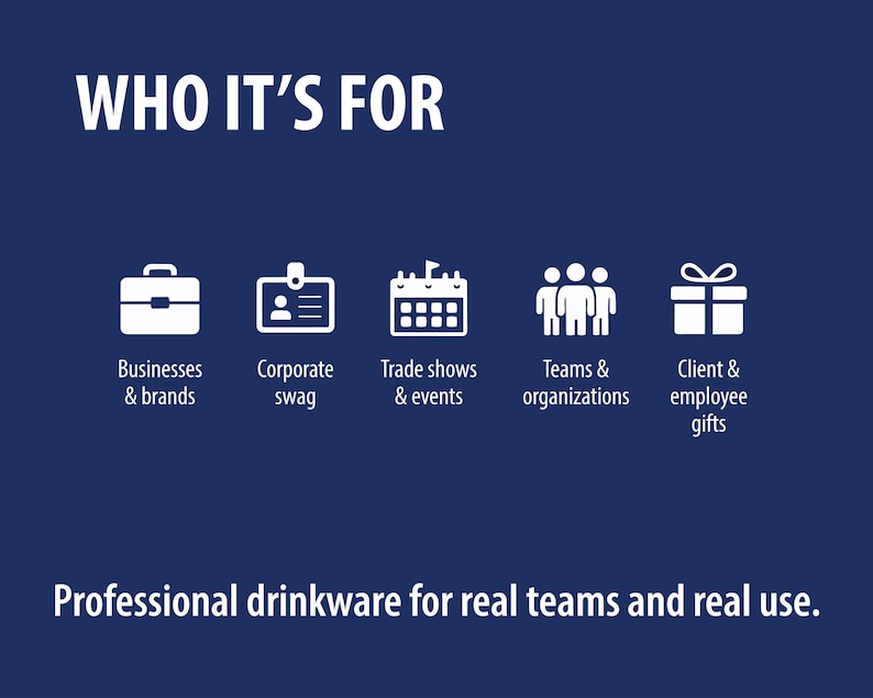The image is a graphic design featuring a blue background with white text and icons. The text reads "WHO IT'S FOR" and "Professional drinkware for real teams and real use."