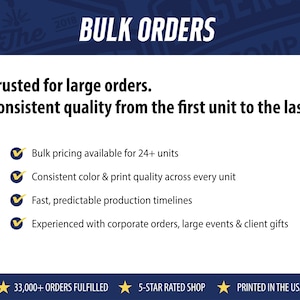 The image is a promotional graphic for a bulk order service, highlighting its trustworthiness, consistent quality, fast production timelines, and experience with corporate orders, large events, and client gifts.