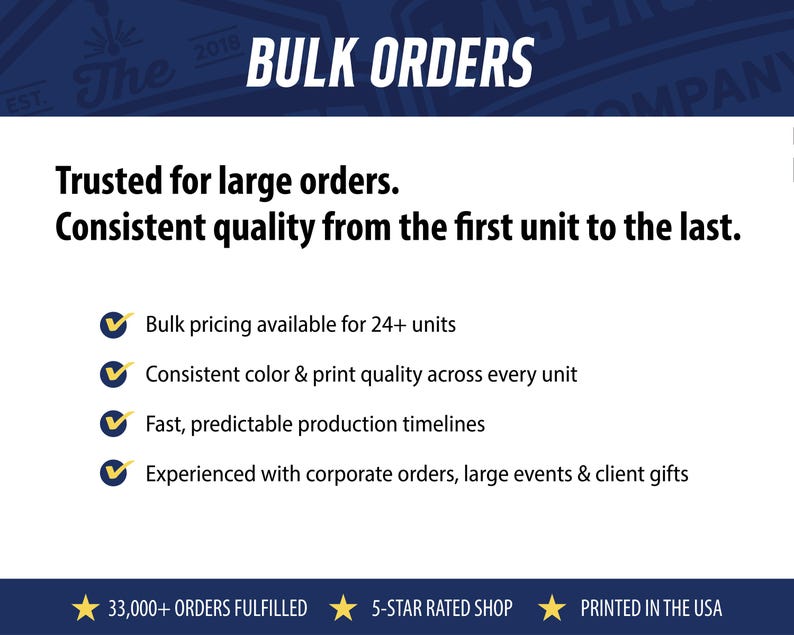 The image is a promotional graphic for a bulk order service, highlighting its trustworthiness, consistent quality, fast production timelines, and experience with corporate orders, large events, and client gifts.
