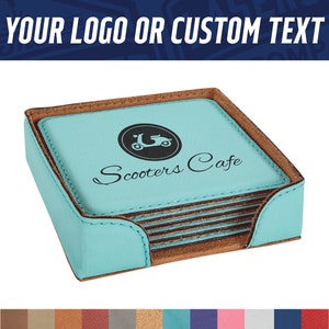 May include: Set of six turquoise leather coasters with a brown leather border. The coasters are stacked in a square holder. The top coaster has a black and white illustration of a scooter and the text "Scooters Cafe".