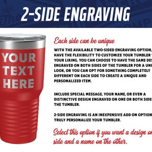 May include: A red and silver stainless steel tumbler with the text "YOUR TEXT HERE" engraved on the front. The tumbler has a double-walled design and is available with a two-sided engraving option.