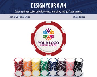 Custom Logo Poker Chips Set of 20 - Full Color UV Printed Golf Ball Markers, Drink Tokens, Corporate Swag, Wedding & Bachelor Party Favors
