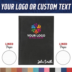 May include: Black leather-bound journal with lined pages. The cover features a colorful logo with the text "YOUR LOGO IN FULL COLOR" and the name "John Smith" written in white.