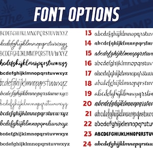 May include: A graphic showing 24 different font options for lettering. The fonts are numbered 1 through 24 and each font shows the alphabet in uppercase and lowercase letters.