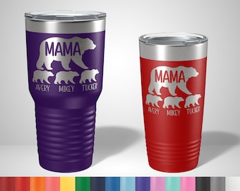 Mama Bear Personalized Tumblers - Personalized Gifts for Mom - Custom Engraved Travel Mug - Christmas Gifts for Mom - Birthday Gift for Mom