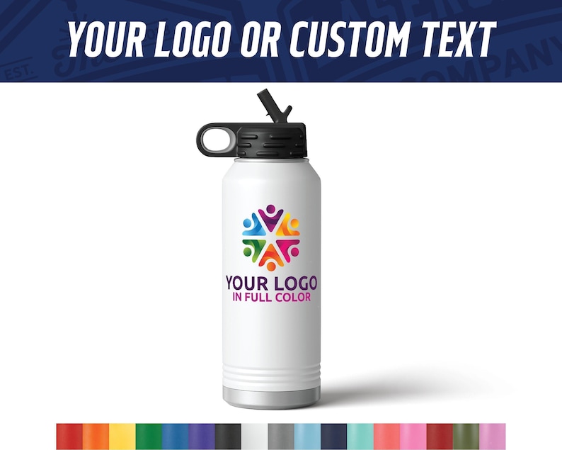 Custom Logo Water Bottle 32oz - Full Color UV Printed Insulated Bottle - Bulk Corporate Swag, Client & Employee Gifts, Gym image 1