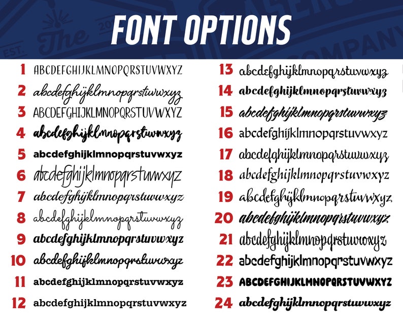 May include: A graphic showing 24 different font options for lettering. The fonts are numbered 1 through 24 and each font shows the alphabet in uppercase and lowercase letters.
