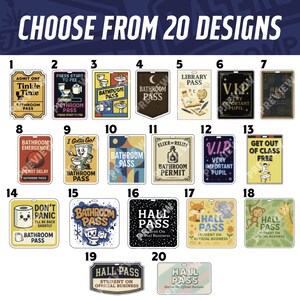 May include: A collection of 20 novelty ID badges with various designs and text. The badges include phrases like "Bathroom Pass," "V.I.P.," and "Hall Pass." The image features a variety of colors and fonts, suitable for students or novelty gifts.
