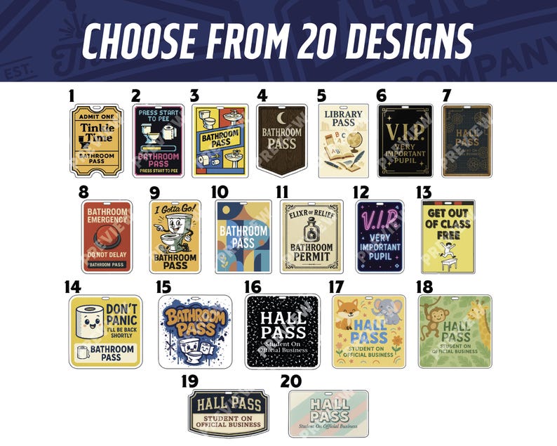 May include: A collection of 20 novelty ID badges with various designs and text. The badges include phrases like "Bathroom Pass," "V.I.P.," and "Hall Pass." The image features a variety of colors and fonts, suitable for students or novelty gifts.