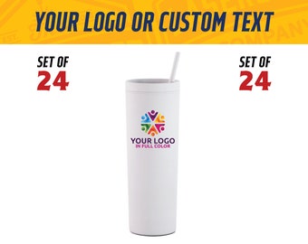 Bulk Custom Printed 18oz Acrylic Skinny Tumbler with Straw and Lid - Set of 24 - Logo on Slim Travel Mug - Full Color Logo Skinny Cups