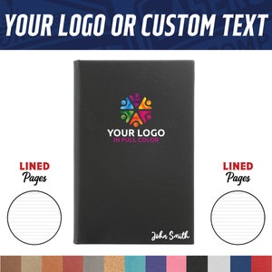 May include: Black leather-bound journal with lined pages. The cover features a colorful logo with the text "YOUR LOGO IN FULL COLOR" and the name "John Smith" printed below.