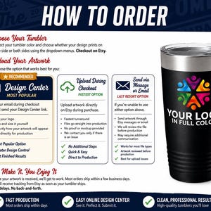 The image is a promotional advertisement for a customizable tumbler, featuring a close-up of the tumbler and instructions on how to order it.