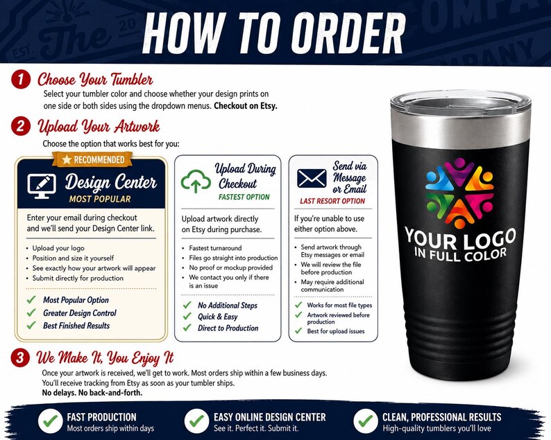 The image is a promotional advertisement for a customizable tumbler, featuring a close-up of the tumbler and instructions on how to order it.