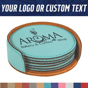 Round Leather Coaster Set with Engraved Custom Logo - Custom Logo Coasters - Vegan Leather Gifts - Corporate Swag - Engraved Coasters