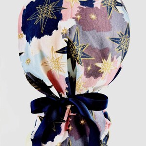 Gold Star Paint Blobs Blue Ribbon Ponytail Women’s Scrub Cap  | Ladies Surgical Hat | OR  | Nurse | Surgeon | Vet | Dental |  | Medical Gift