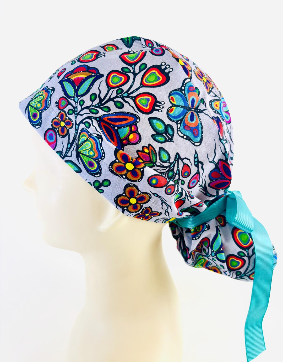Ponytail Scrub Ojibway Traverse Florals Gray Womens Surgical Hat OR Cap ...