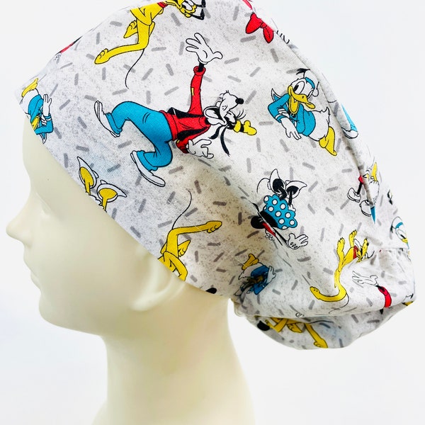 Scrub Cap Disney Mickey, Donald Duck, Goofy’s Gang | Ladies Bucket Surgical Hat| Womens Nurse | Veterinarian| Ponytail  | Dental | Gift