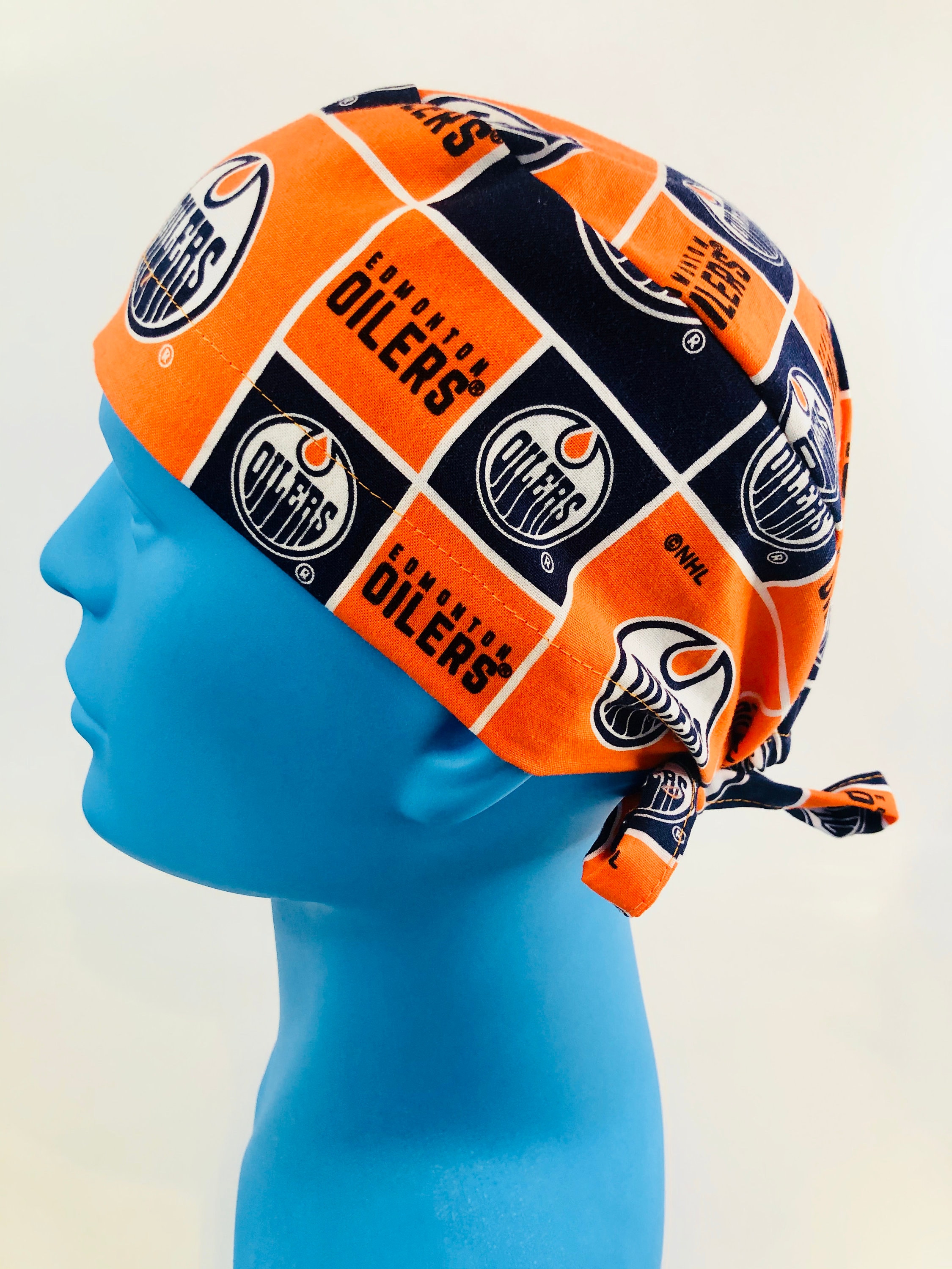 Scrub Hats Made From Licensed Edmonton Oilers Fabric for Women 