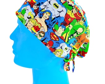 Super Heroes Collage Pixie Skull Scrub Cap: Fitted Cotton Surgical Hat , Unisex , Surgeon, Hospital Scrubs
