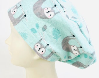 Fuzzy Flannel Women’s Sloth  Scrub Cap | Ladies Bucket Surgical Hat | Nurse’s Scrubs | Vet | Ponytail  | Dental | Medical Gift | Mint |