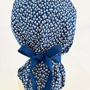 Navy snd White Classic Dots Ponytail Womens Scrub Cap  | Ladies Surgical Hat | OR  | Nurse | Surgeon | Vet | Dental | Ribbons | Medical Gift