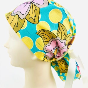 Summer Rain Ponytail Womens Scrub Cap  | Ladies Surgical Hat | OR | Nurse | Surgeon | Vet | Dental | Ribbons | Medical Gift | Pre Washed