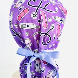Lilac Stethoscope Ponytail Womens Scrub Cap  | Ladies Surgical Hat | OR  | Nurse | Surgeon | Dental | Ribbons | Medical Gift | Adjustable