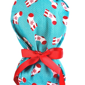 Christmas Stockings Ponytail Scrub Cap: Women's Surgical Hat with Ribbons |  Nurse Gift | Hospital