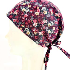 Fitted Pixie Scrub Cap Burgundy Flowers : Unisex Surgical Skull Hat  | Surgeon | Nurse | Ladies | Medical Gift