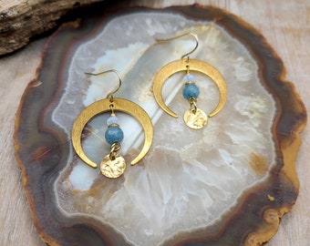 Opalite & Aquamarine Gemstone Celestial Moon Earrings, Gold Over Brass Ear Wire, Nickel and Lead Free