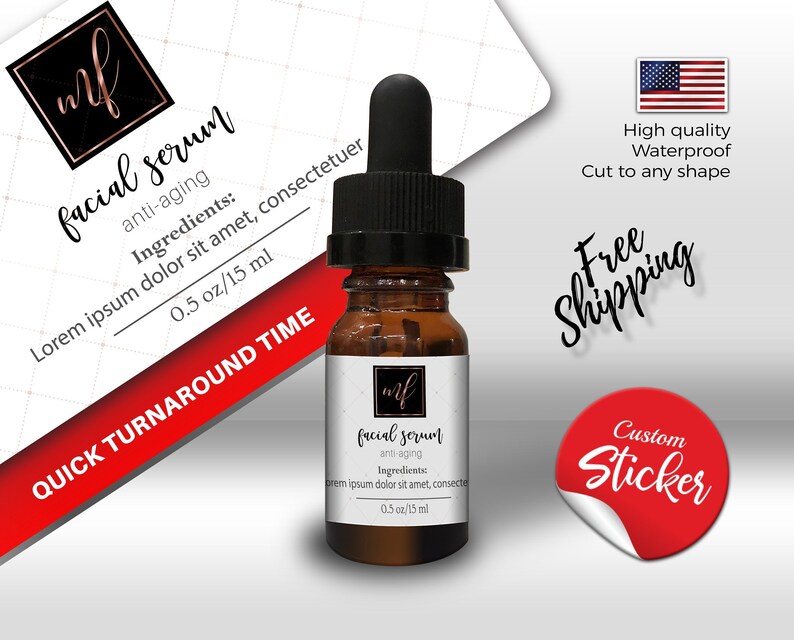 Puede incluir: Una botella de vidrio marr&oacute;n con un gotero y una etiqueta blanca que dice "facial serum anti-aging Ingredients: Lorem ipsum dolor sit amet, consectetuer 0.5 oz/15 ml". La botella est&aacute; sobre un fondo blanco con una pancarta roja y blanca que dice "QUICK TURNAROUND TIME".