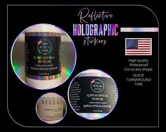 100 Custom Holographic Stickers | Holographic decal | Holographic label Sticker | White ink print | Reflective holographic labels | Decals