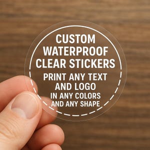 Adesivos transparentes personalizados à prova d'água: Imprima logotipos e etiquetas de produtos, tinta branca e efeito dourado.