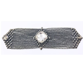 SERGIO GUTIERREZ + SWAROVSKI Large Crystal Vintage Liquid Metal Bracelet - Super-Sparkly + Fabulous! Size 6.5 inches