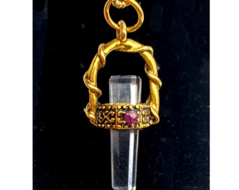 Mystical Ruby Crystal Glass Magic Pendant set in Sturdy Brass Collar and Archway